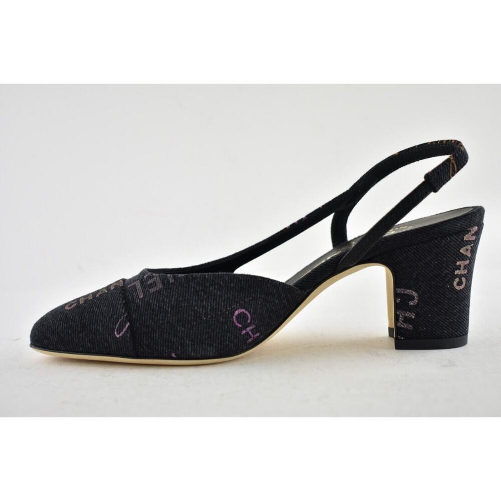 Chanel 22P Mademoiselle Coco Sling CC Black Grey Denim Slingback Sandal Heel 40 - Picture 9 of 12